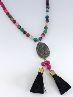 PANACEA Agate Beaded & Drusy Stone Double Tassel Pendant Necklace